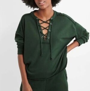 AERIE Sunday Soft Lace Up Sweatshirt In Green Loungewear Cozy Size Medium